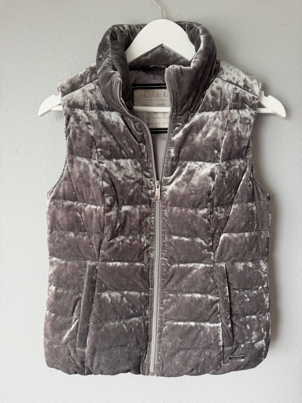 Calvin Klein Performance silver crushed velvet full zip down fill puffer vest S
